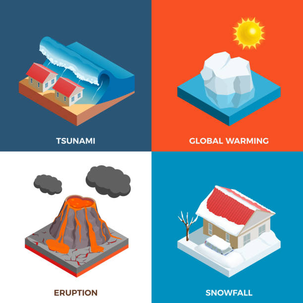 illustrazioni stock, clip art, cartoni animati e icone di tendenza di disastro naturale isometrico 2x2 - natural disaster weather symbol volcano