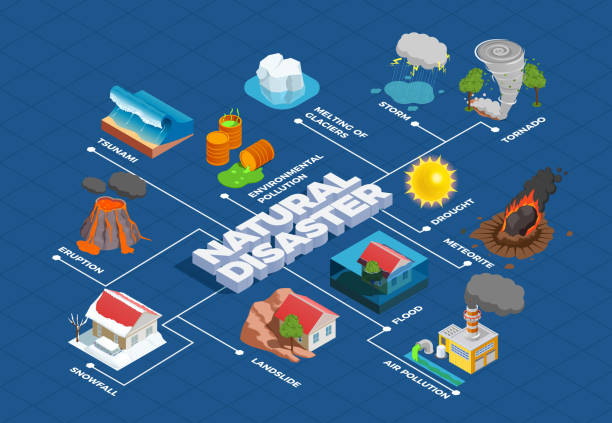 ilustraciones, imágenes clip art, dibujos animados e iconos de stock de diagrama de flujo isométrico de desastre natural - hurricane storm wind disaster