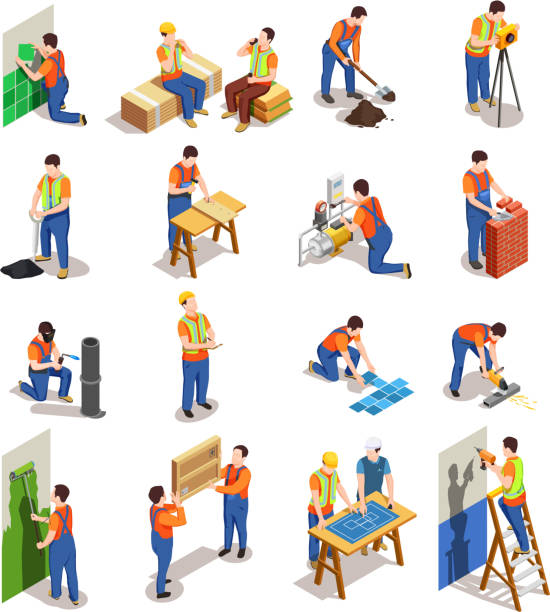 ilustrații de stoc cu muncitori în construcții oameni izometrici - sudor ilustrații