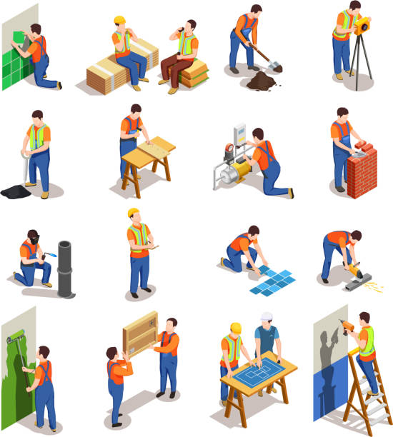 construction workers isometric people Construction workers with professional equipment during various building activity isometric people isolated vector illustration carpenter stock illustrations