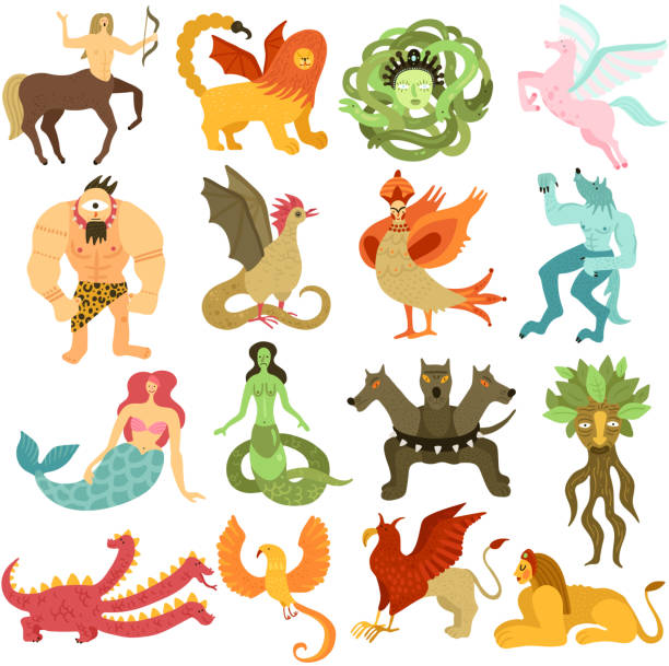 mythical creature set Mythical creatures characters colorful set  with mermaid pegasus centaur chimera dragon cyclopes gorgon medusa isolated vector illustration giant fictional character illustrations stock illustrations