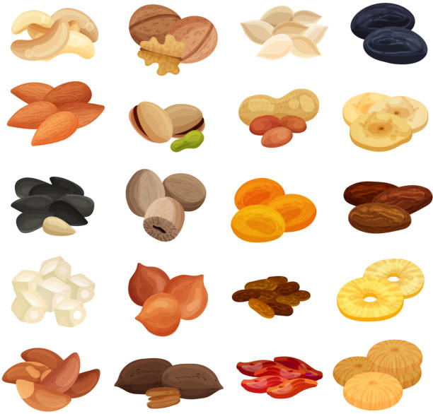 nüsse getrocknete früchte set - dried apricot stock-grafiken, -clipart, -cartoons und -symbole