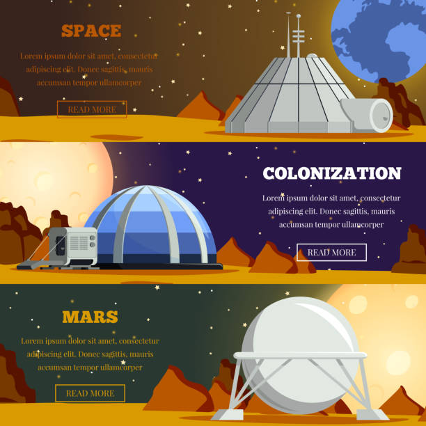 ilustrações, clipart, desenhos animados e ícones de planeta colonização terraformando estação bandeiras planas - colonization