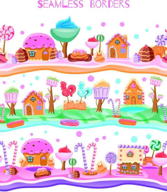 Vector illustration of fairytale candy land flat seamless border