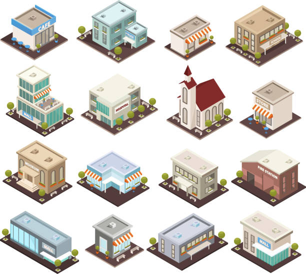 urban architecture isometric icons Urban architecture historical and modern public buildings isometric icons set with museum cafe hospital isolated vector illustrations architecture built structure building exterior church stock illustrations