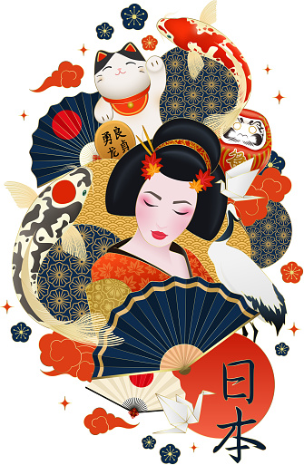 Japanese geisha surrounded with colorful carps crane beckoning cat national symbols composition decorative poster realistic vector illustration