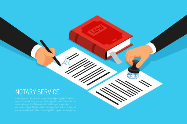isometric notary Notary service execution of documents seal and signature on papers on blue background isometric vector illustration hand stamp stock illustrations