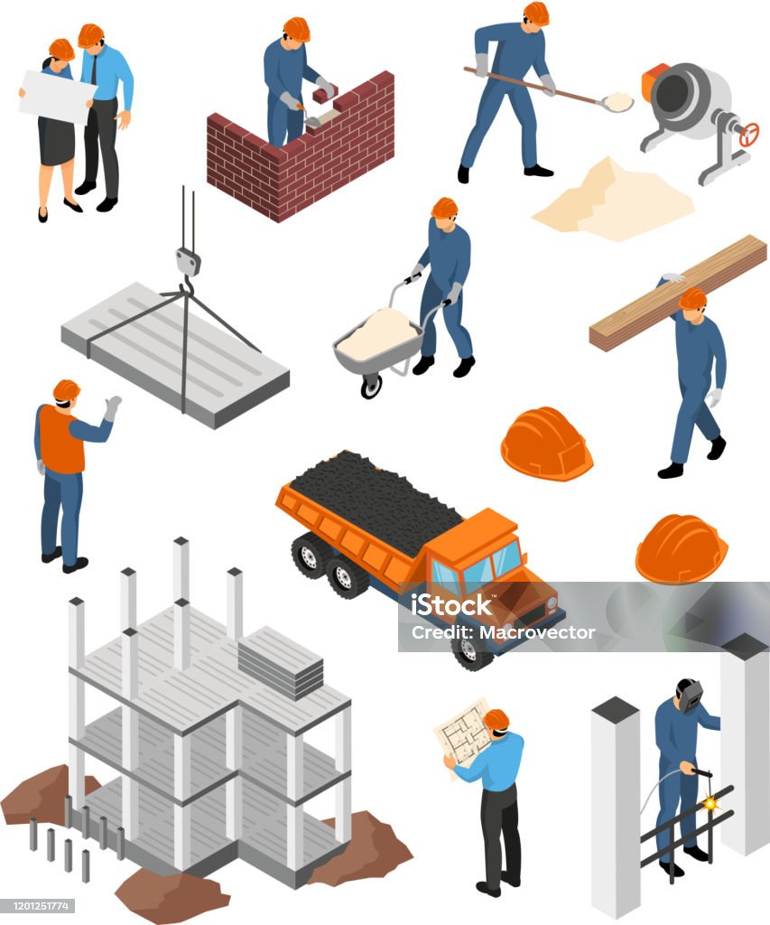isometric builder architect profession set Set of isometric icons architects with blueprints and builders at work with construction materials isolated vector illustration Isometric Projection stock vector