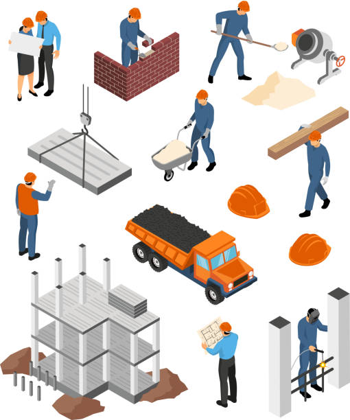 isometric builder architect profession set Set of isometric icons architects with blueprints and builders at work with construction materials isolated vector illustration brick illustrations stock illustrations
