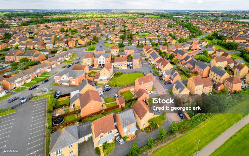 Large English housing estate An aerial view of a large housing estate near the city of Leicester in the English Midlands. UK Stock Photo