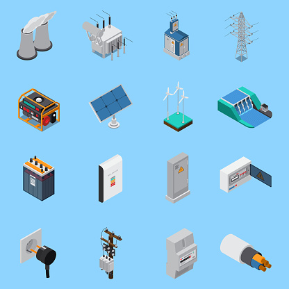 Electricity isometric icons set with cable solar panels wind hydro power generators transformer socket isolated vector illustration