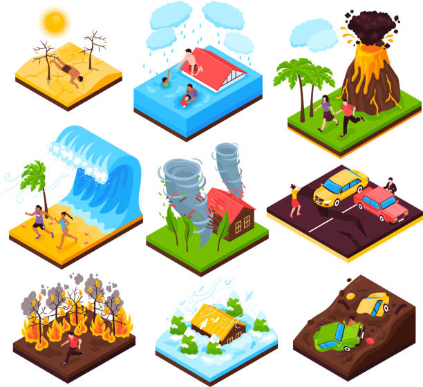 isometric natural disaster set Natural disaster  set of eruption wildfire flood tornado drought tsunami isometric compositions isolated vector illustration forest fire stock illustrations