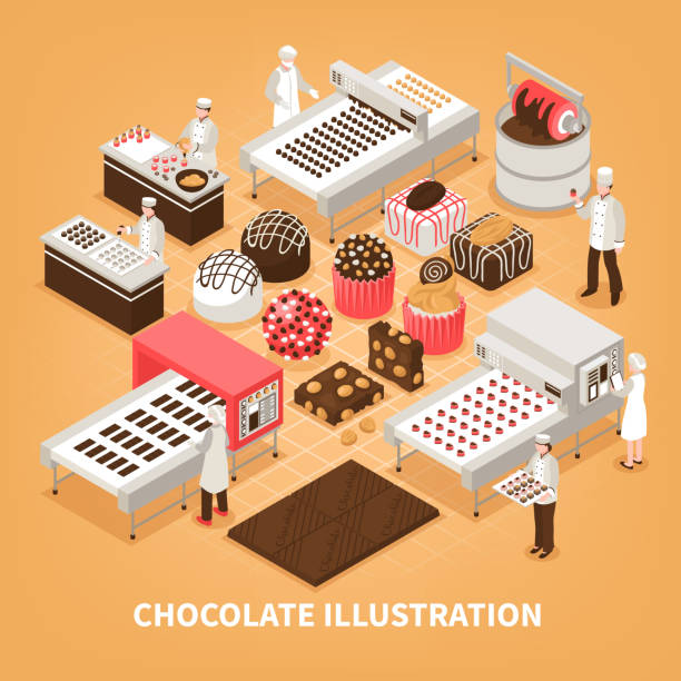 ilustrações de stock, clip art, desenhos animados e ícones de isometric chocolate manufacture - semi skimmed milk