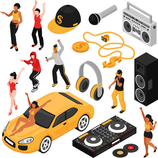 ilustraciones, imágenes clip art, dibujos animados e iconos de stock de conjunto de música rap isométrica - singing singer teenager contest