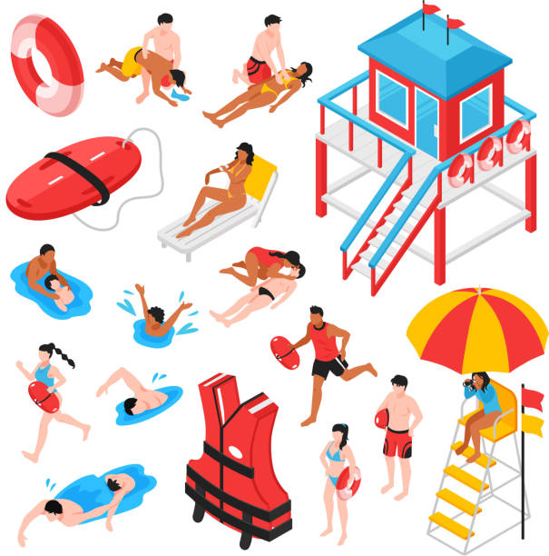 ilustraciones, imágenes clip art, dibujos animados e iconos de stock de conjunto de seguridad de la playa de socorristas isométricos - marine safety equipment audio