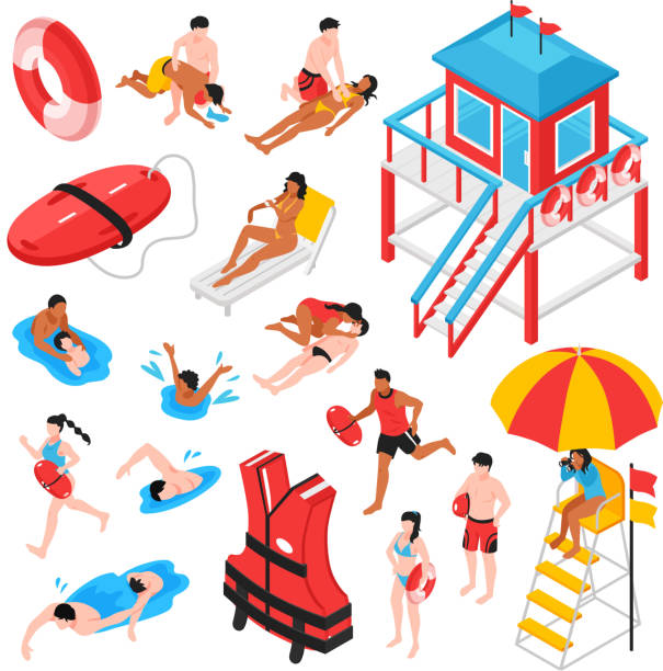 ilustrações de stock, clip art, desenhos animados e ícones de isometric lifeguard beach safety set - life belt water floating on water buoy