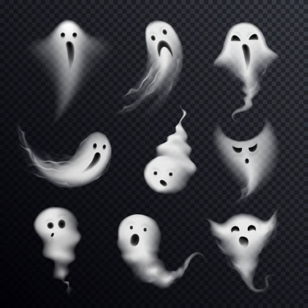 ghost realistic transparent set Scary ghost emotions icons set with realistic funny steamy smoke formed spooks dark transparent background vector illustration ghost stock illustrations