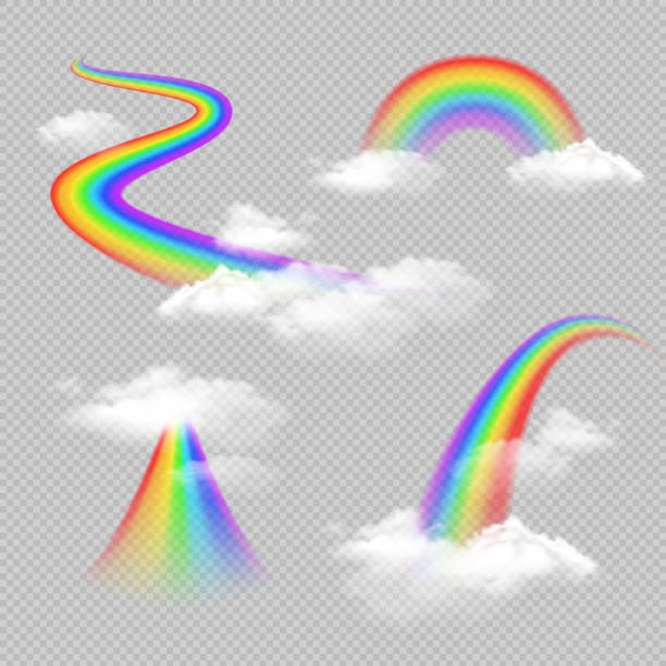 ilustraciones, imágenes clip art, dibujos animados e iconos de stock de arco iris realista transparente - rainbow multi colored sun sunlight