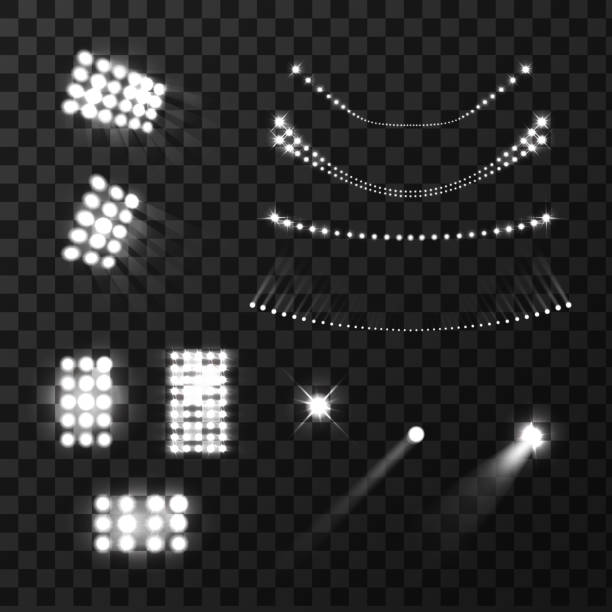 stadium lights realistic transparent set Stadium lights lamps and beams realistic black white set isolated vector illustration floodlight stock illustrations