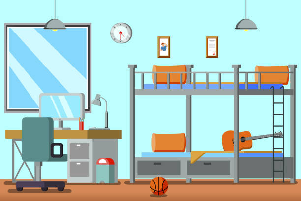 ilustrações de stock, clip art, desenhos animados e ícones de boy teen room flat composition - child office chaos computer monitor