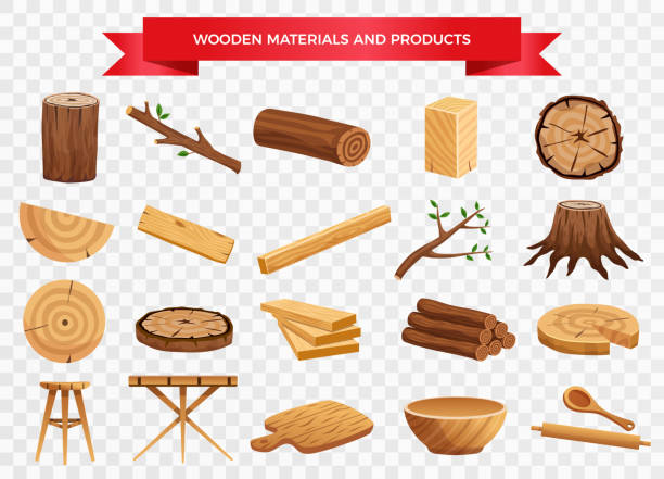 wood material transparent set Wood material and manufactured products set with tree trunk branches planks kitchen utensils transparent background vector illustration oak fire stock illustrations