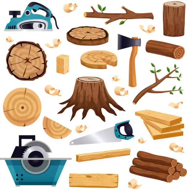 Vector illustration of tools wood industry set