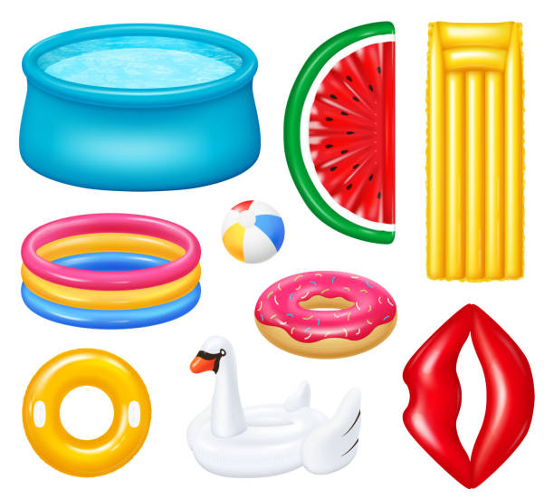 realistic inflatable pool set Set of realistic inflatable pools with colorful accessories for swimming isolated vector illustration inflated pool stock illustrations