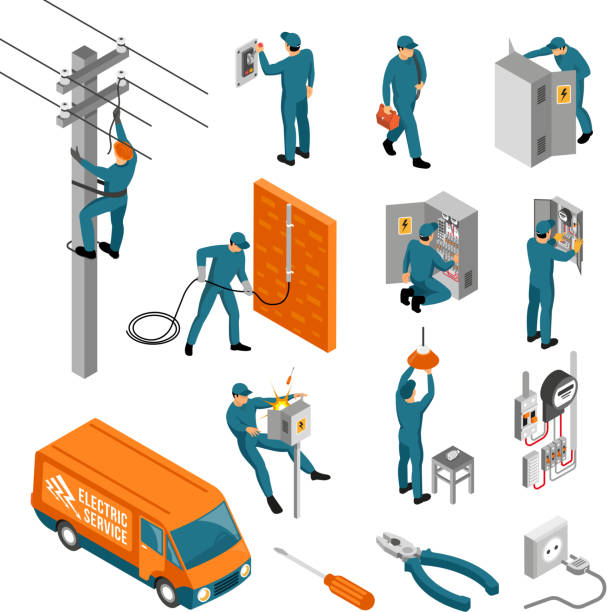 isometric electrician profession set Isometric electrician profession set of isolated icons with tools electrical facilities and human characters of workers vector illustration engineering illustrations stock illustrations