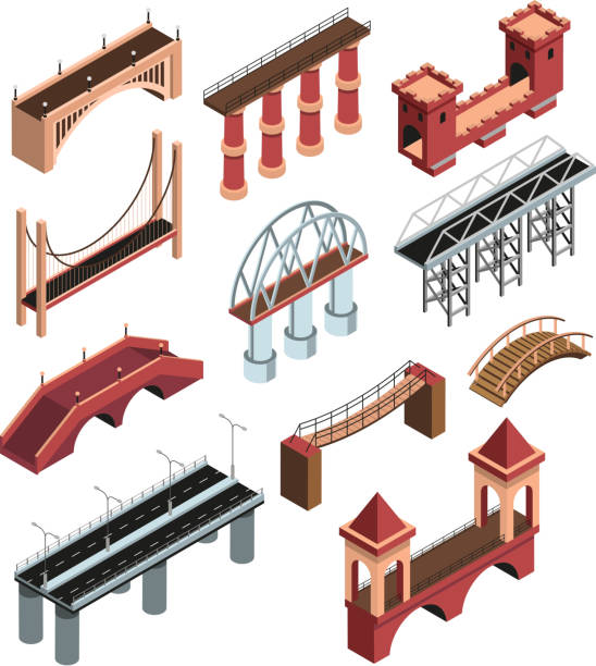 illustrations, cliparts, dessins animés et icônes de ponts isométriques réglés - pont