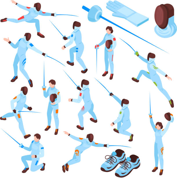izometryczny zestaw sportowy szermierki - fencing sport rivalry sword stock illustrations