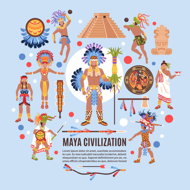 maya civilization Maya civilization background composition of ethnic human characters traditional symbols and abstract shapes with editable text vector illustration ancient civilization stock illustrations
