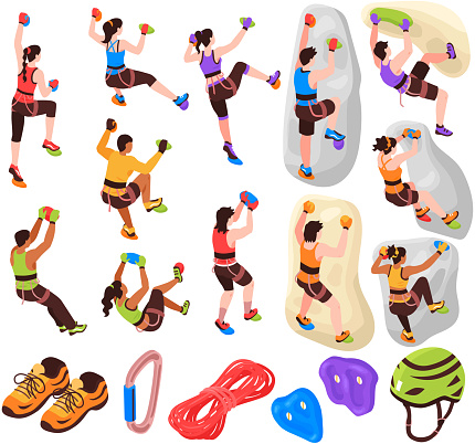 Isometric climbing wall collection of isolated icons and images of mountain climbers and pieces of equipment vector illustration