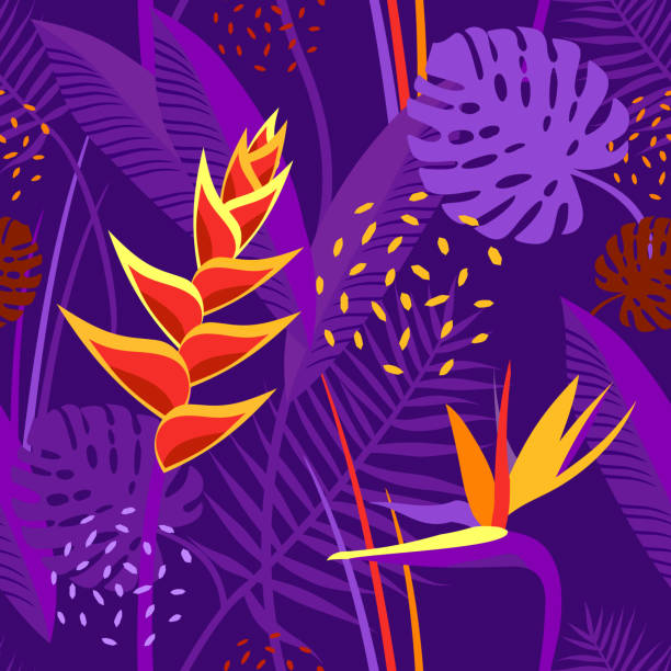 Seamless pattern with tropical flowers and leaves, plants.  Vector Texture Garden of Eden, forest, jungle. Print with monstera, heliconia, strelitzia, palm. Purple, yellow, orange colors Seamless pattern with tropical flowers and leaves, plants.  Vector Texture Garden of Eden, forest, jungle. Print with monstera, heliconia, strelitzia, palm. Purple, yellow, orange colors. heliconia stock illustrations