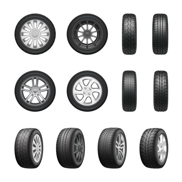 illustrazioni stock, clip art, cartoni animati e icone di tendenza di pneumatici ruote set realistico - expendable