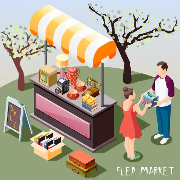 Vector illustration of flea market isometric background