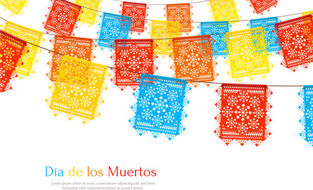 mexico flags realistic background Day of dead as mexican ethnic holiday realistic background with garlands of paper cut party flags vector illustration latin american and hispanic ethnicity stock illustrations