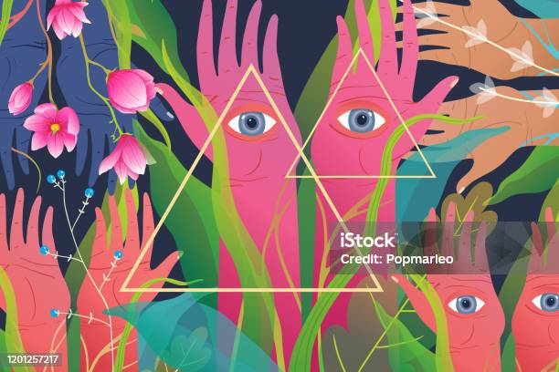 Mysterious Spiritual Esoteric Hands And Flowers And Eyes Watching Horizontal Background Stock Illustration - Download Image Now