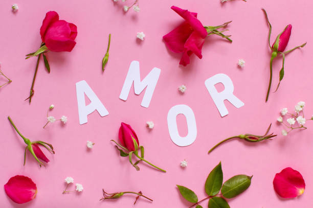 istock Red roses and text AMOR on a light pink background 1201258264