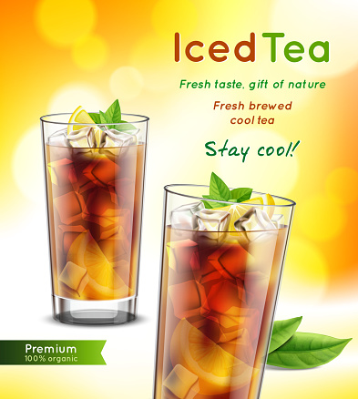 Iced tea package realistic advertising composition with 2 full glasses mint leaves lemon promoting text vector illustration