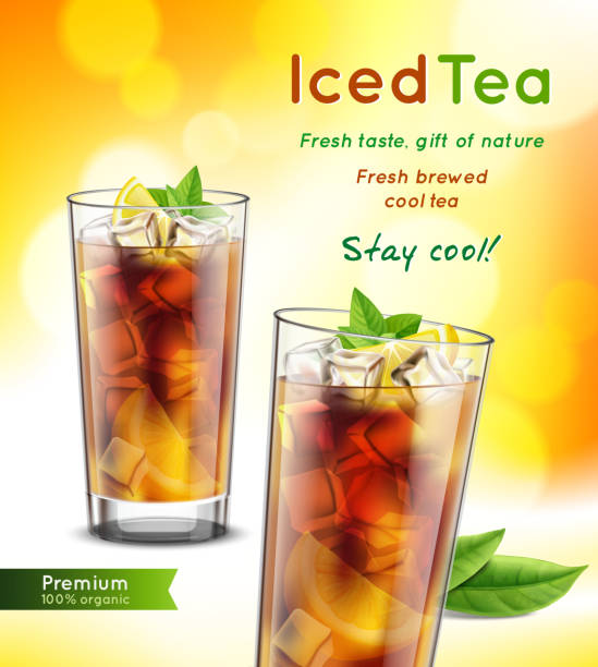 ice tea realistic advertisment Iced tea package realistic advertising composition with 2 full glasses mint leaves lemon promoting text vector illustration iced tea stock illustrations