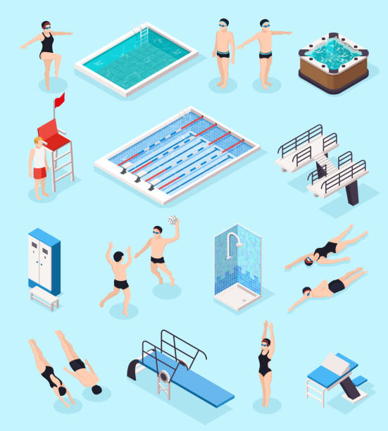 illustrazioni stock, clip art, cartoni animati e icone di tendenza di piscina isometrica set - synchronized swimming swimming sport symmetry