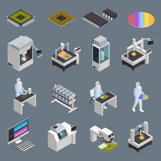 semiconductor chip production isometric Semiconductor chip production isometric icons collection with isolated hi-tech facilities and supplies with human characters vector illustration semiconductor stock illustrations