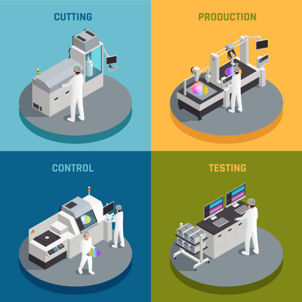 semiconductor chip production isometric 2x2 Semiconductor chip production isometric 2x2 design concept with images representing different stages of silicon chips manufactoring vector illustration semiconductor stock illustrations