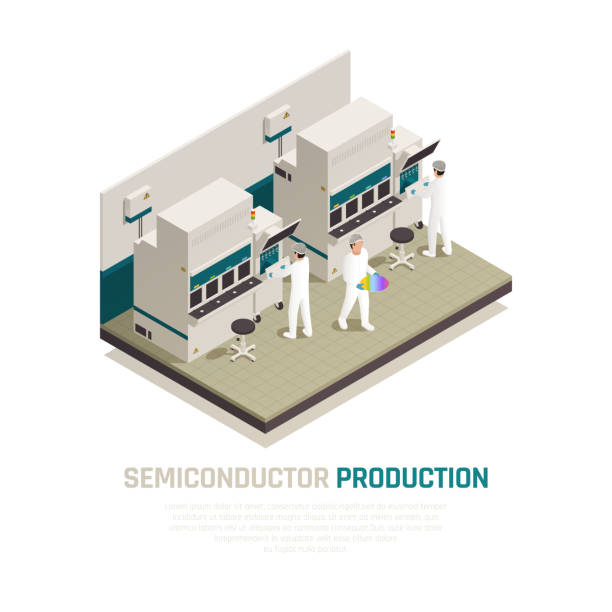 illustrations, cliparts, dessins animés et icônes de composition isométrique de production de puces semi-conductrices - semiconductor industry