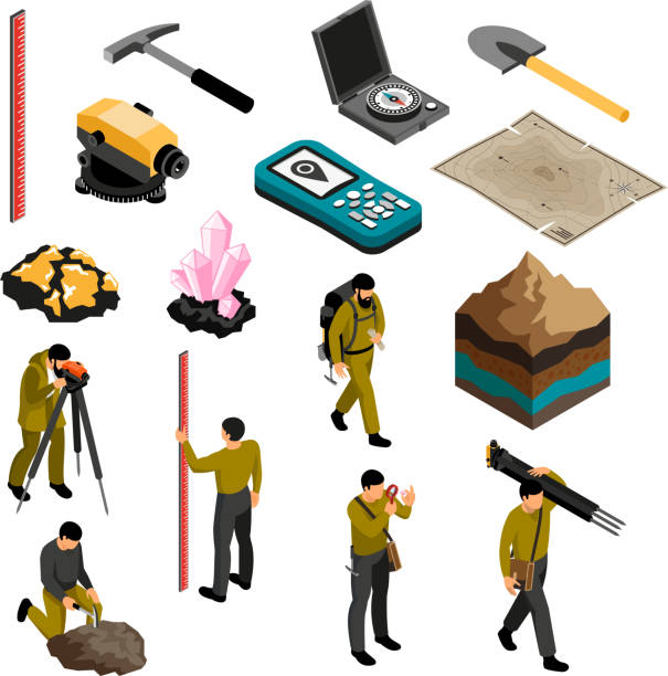 isometric geologist set Geologist tools supplies gear accessories isometric icons set with minerals hardness kit map compass hammer vector illustration tripod attack stock illustrations