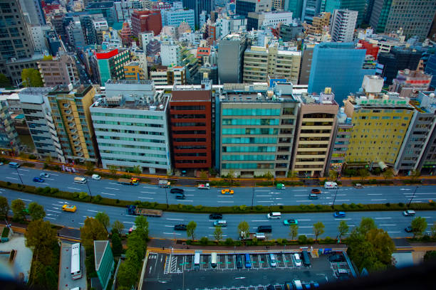 A city street high angle wide shot. Bunkyo district Suidobashi Tokyo / Japan - 11.11.2019
