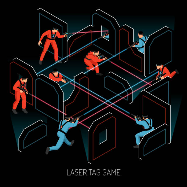 isometric laser tag illustration Laser tag real action kids team game isometric composition with players firing infrared sensitive targets vector illustration infrared background stock illustrations