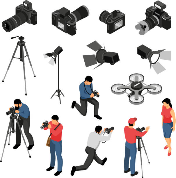 isometric photographer set Professional photographer equipment isometric icons collection with studio portrait photo shoots camera light drone isolated vector illustration drone illustrations stock illustrations