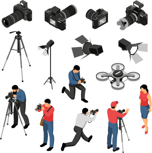 isometric photographer set Professional photographer equipment isometric icons collection with studio portrait photo shoots camera light drone isolated vector illustration photographer stock illustrations