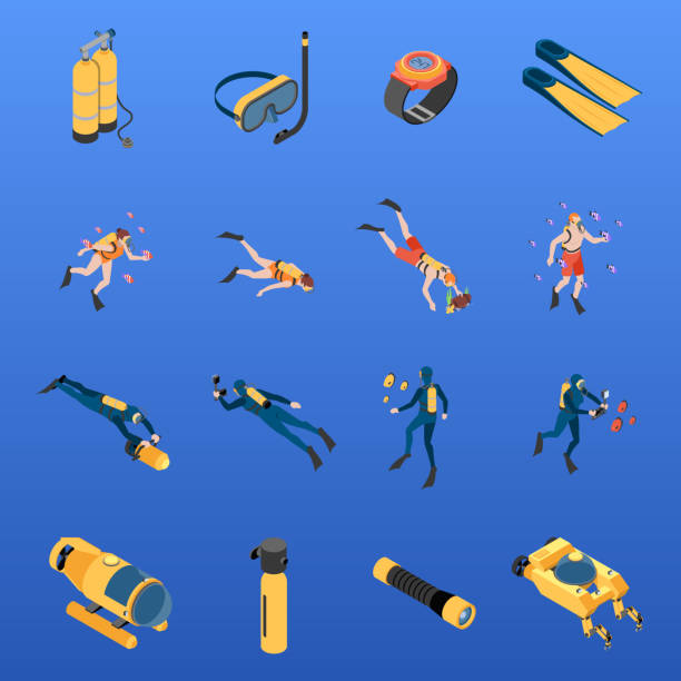 illustrazioni stock, clip art, cartoni animati e icone di tendenza di immersioni subacquee snorkeling isometrico set - scuba diving flash